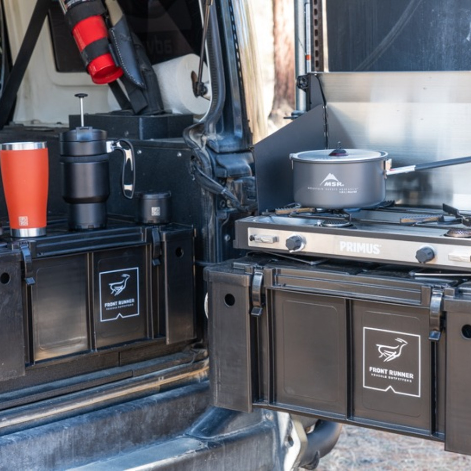 Camp kitchen — Primus stove, Front Runner crates