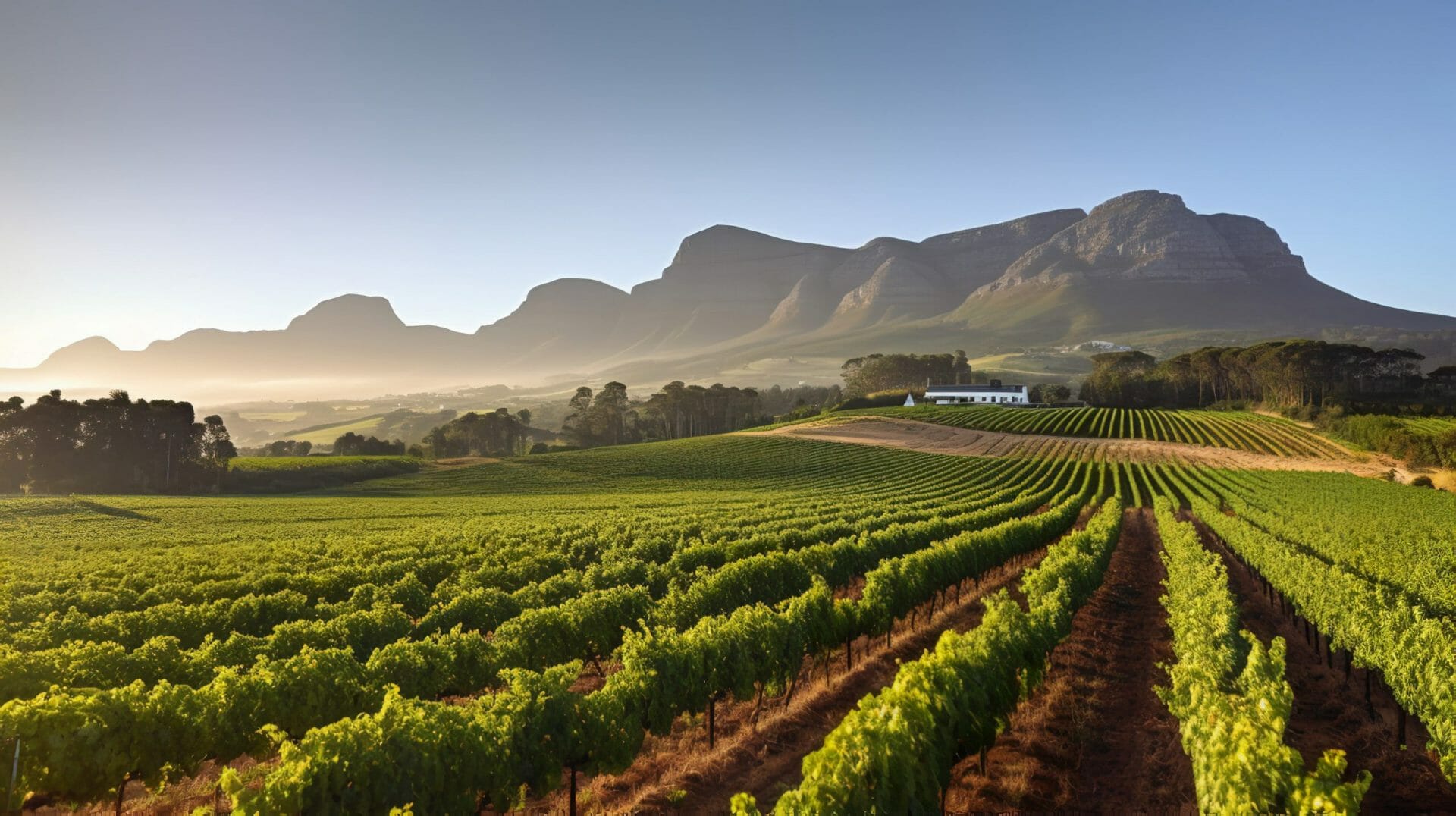Helderberg dawn — vineyard rows running into the mountain wall, mist in the valleys.